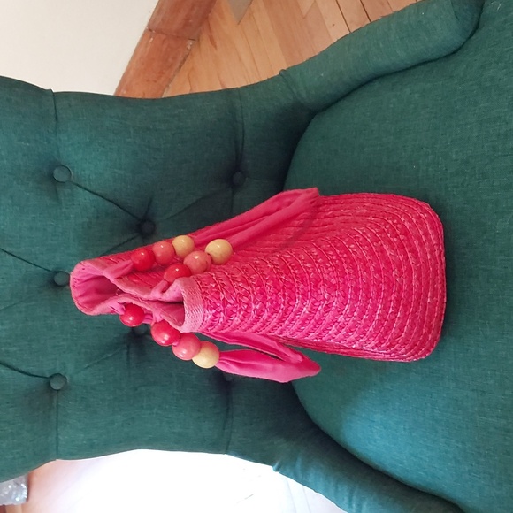 Madison 88 Pink Woven Straw Tote Bag Wood Beaded Fabric Handles Beach Sz.Medium - Picture 4 of 8